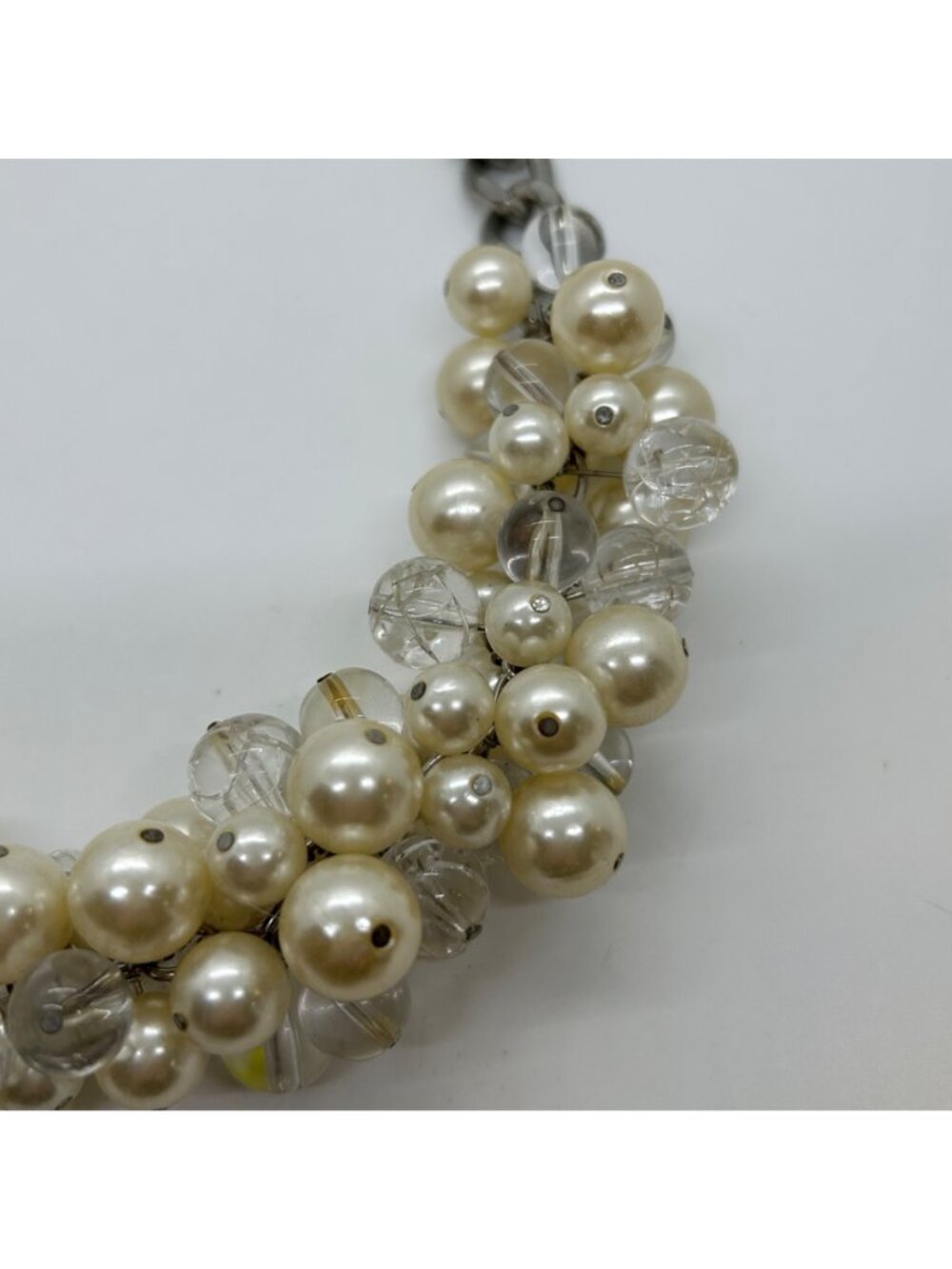 Faux Pearl & Clear Crystal Necklace Chunky Statement Bib Silver-Tone Adjustable - Picture 5 of 15